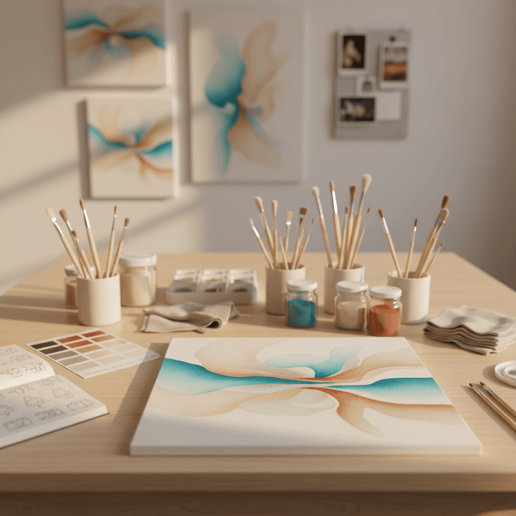 Plan de travail d'atelier : pinceaux triés, pigments et toile en cours – processus & qualité